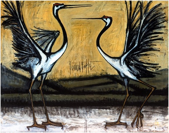 Les grues d'Hokkaido: Deux oiseaux combattants (1981), oil on canvas, 200 x 254 cm, Musée Bernard Buffet